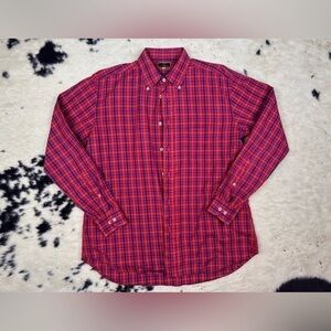 Fendi Men’s Red and Blue Plaid Button Down Long Sleeve Cotton Shirt Size 42 IT